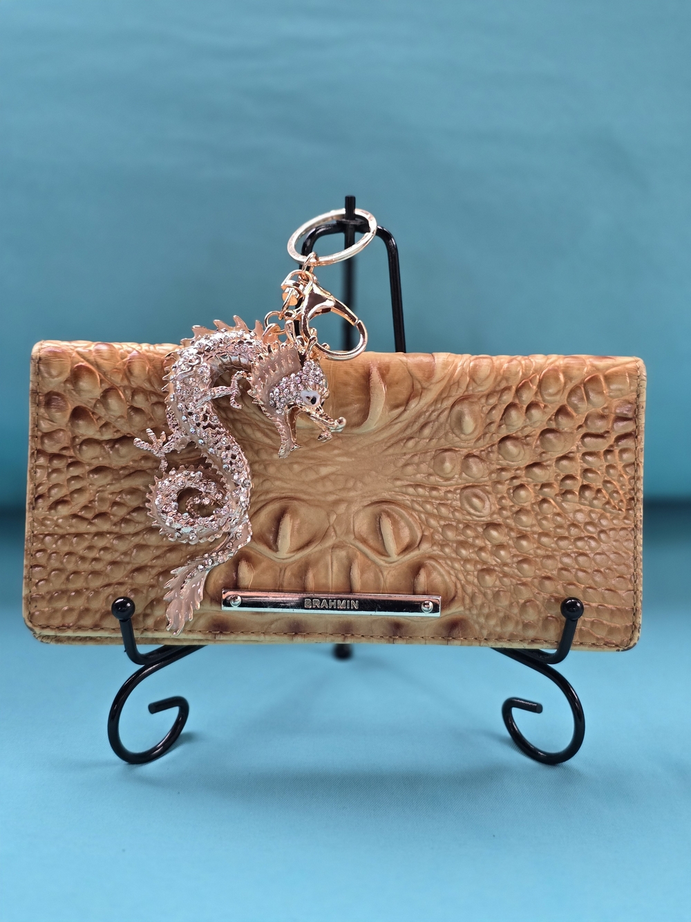 Brahmin Tan Embossed Leather Wallet with Rose Gold Dragon Charm